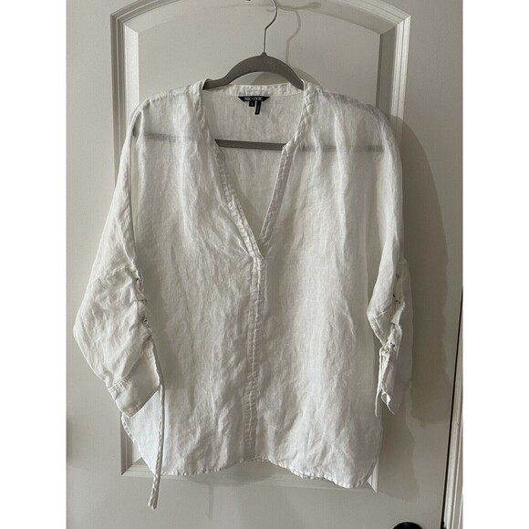 Nic & Zoe Women’s Small White Oversized Drawstring Sleeve 100% Linen Blouse - Picture 1 of 7